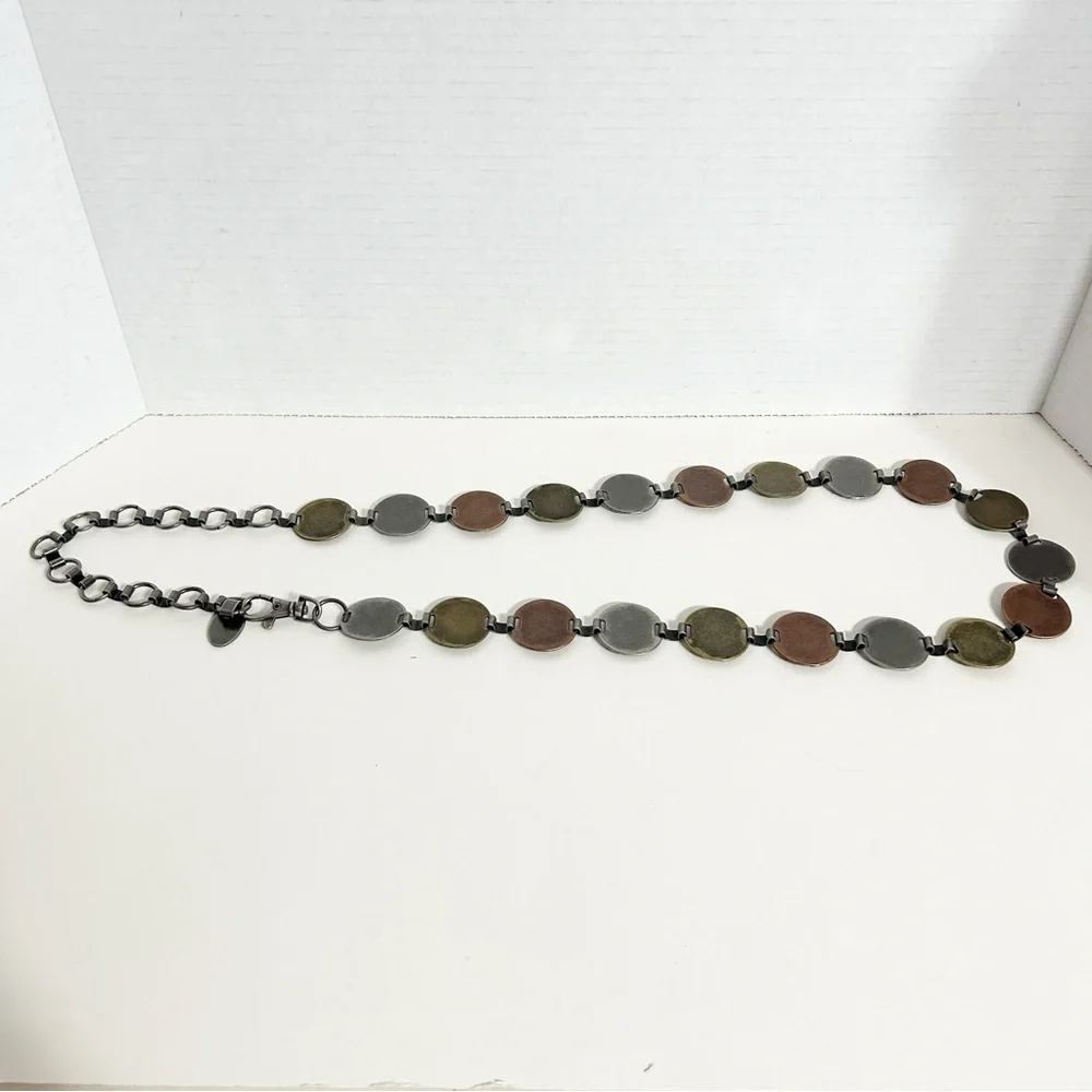 Vintage Hammered Metal Disc Chain Belt Adjustable Length Bronze Gold Silver Tone